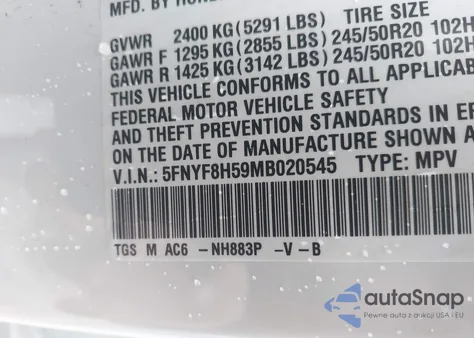 2021 Honda Passport Awd Ex-L из США, поврежденный, VIN 5FNYF8H59MB020545